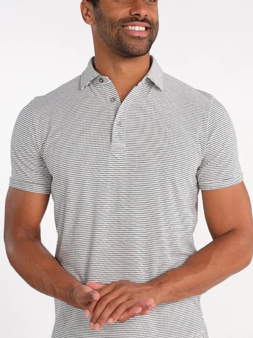 Men's Striped Short-Sleeve Polo in Light Gray